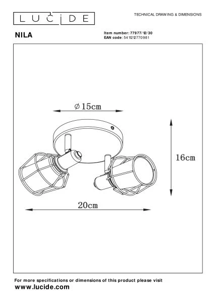 Lucide NILA - Plafondspot - 2xE14 - Zwart - technisch